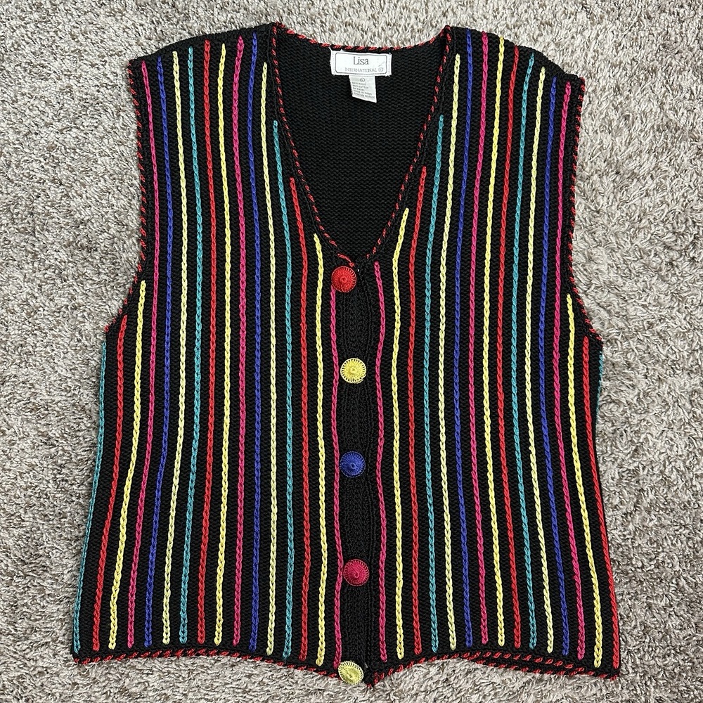 Vintage 90s Rainbow Stripe Knit Vest L Colorful Sweater Indie Sleaze Y2K Cotton